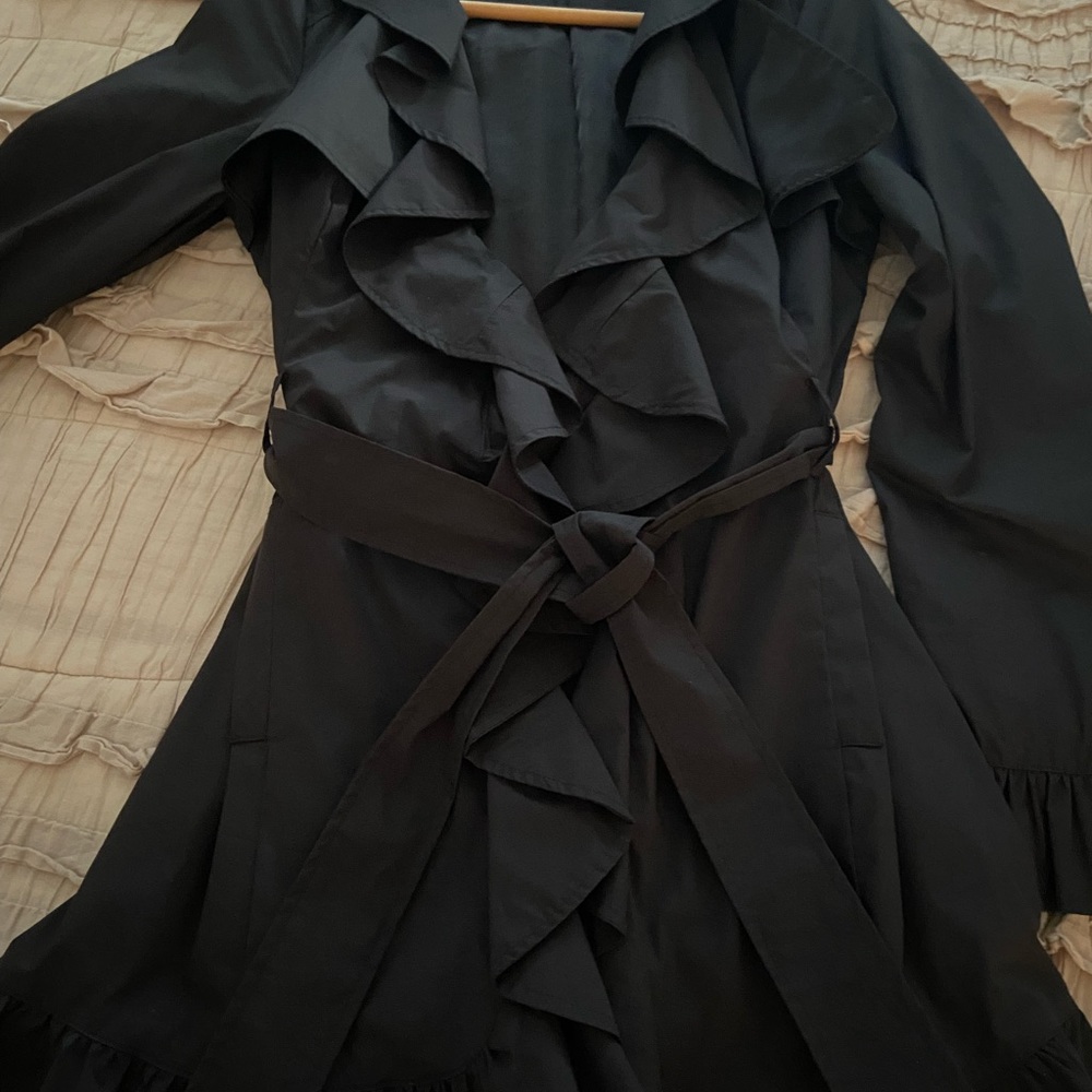 bebe Black Ruffle Trench Coat with Tie Belt